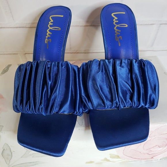 Pretty Lulus Blue Satin Fabric Square Toe Stiletto Heels Sandals womens size 6 - Picture 3 of 8